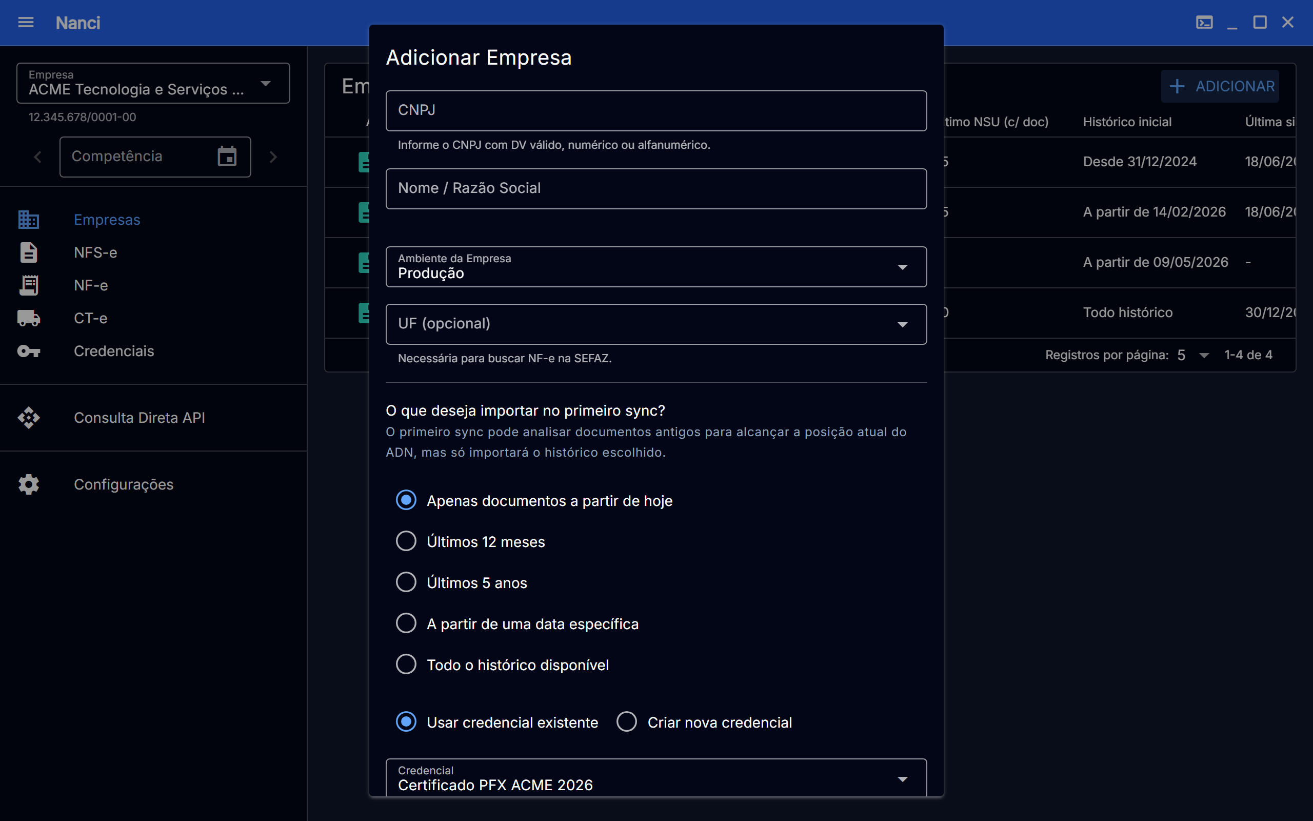 Diálogo de adicionar empresa