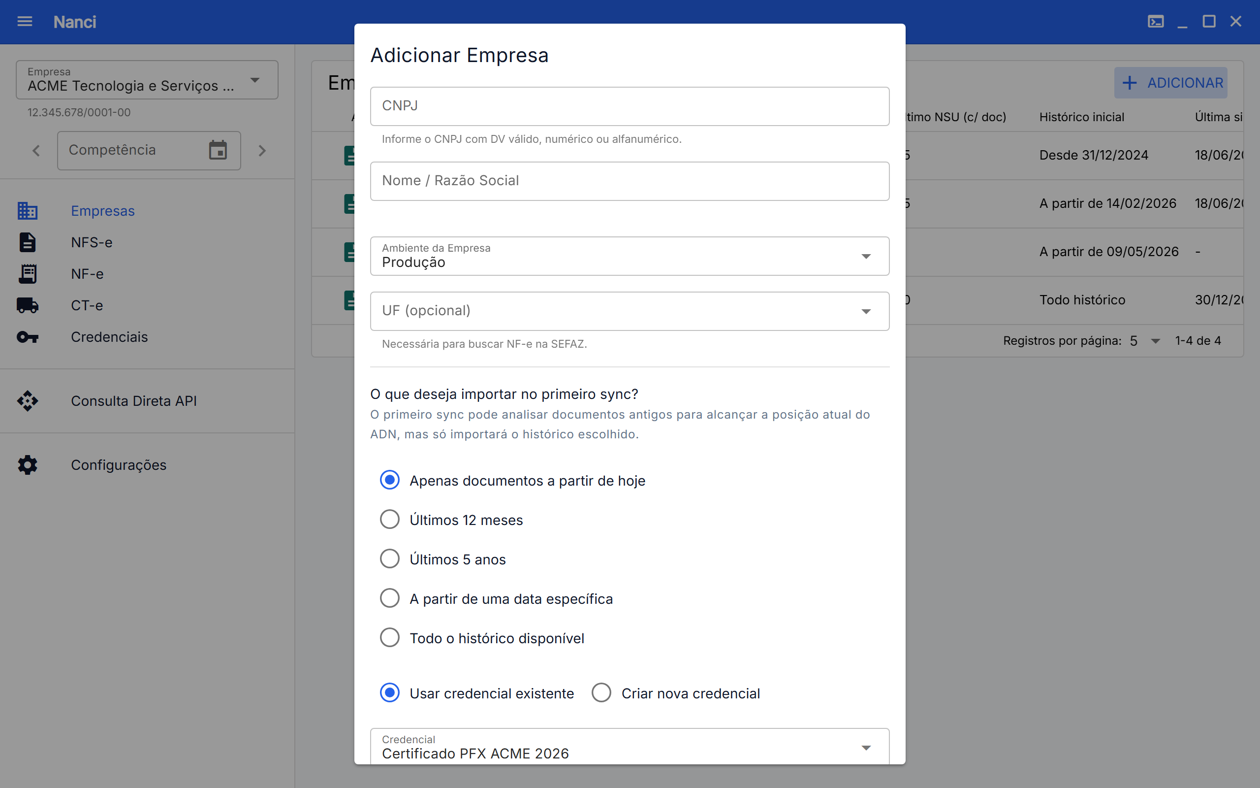 Diálogo de adicionar empresa