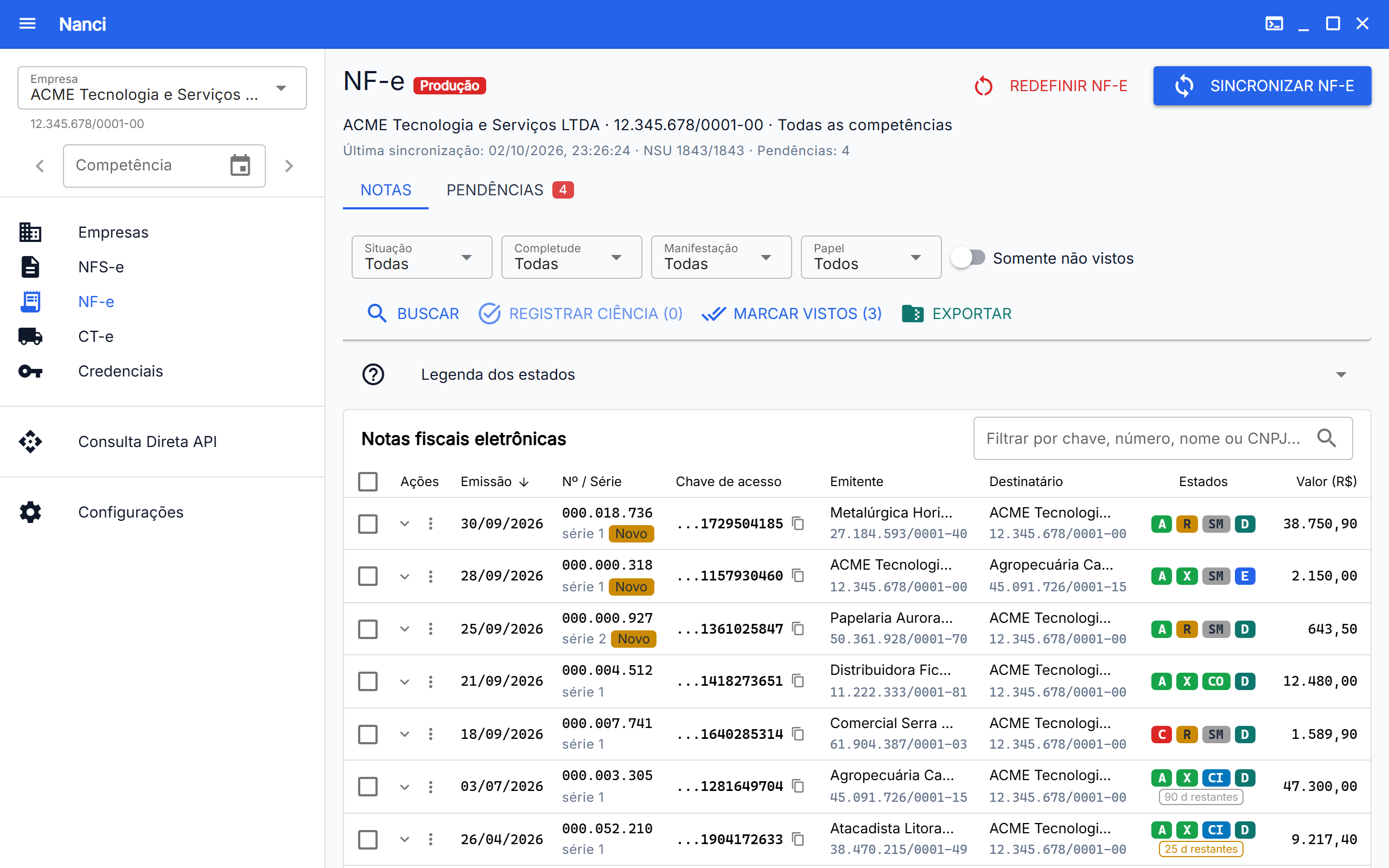 Página de NF-e do Nanci, com a lista de notas recebidas