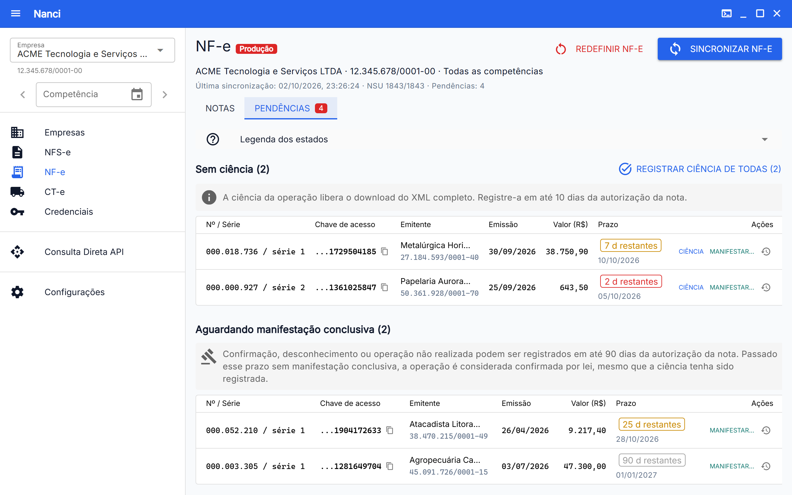 Aba de pendências de manifestação